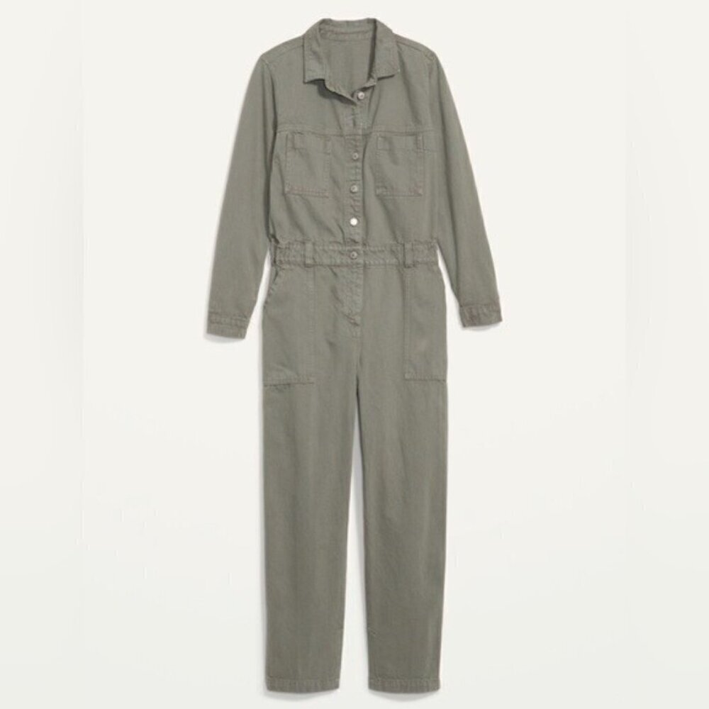 NWT! Long-Sleeve Cropped Green Jean Utility Jumpsuit - XS Tall - Picture 3 of 4